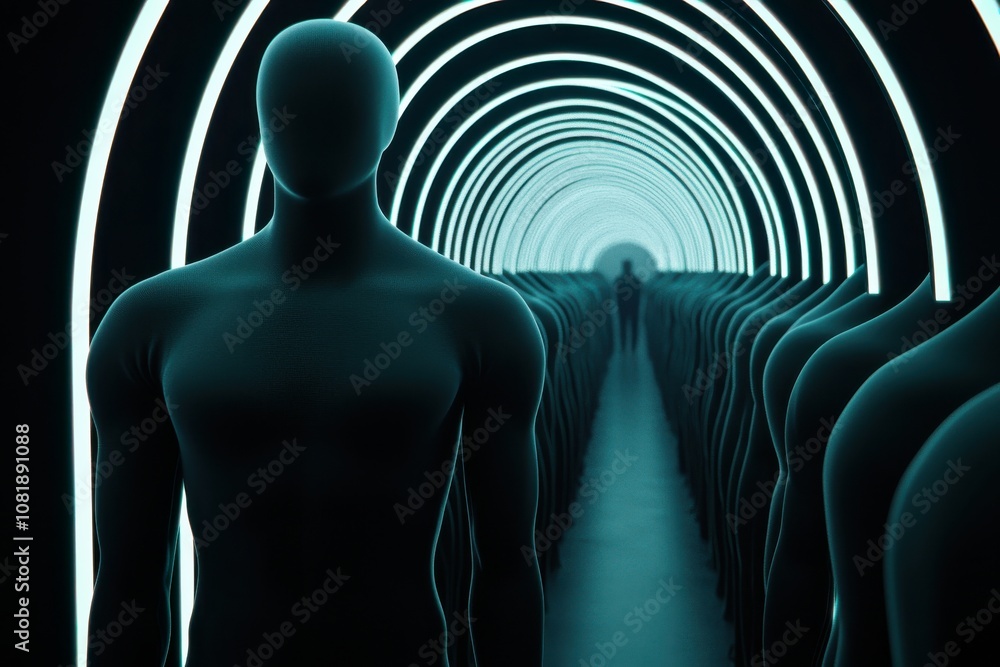 Aufkleber quantum computing of cryptography concept. a surreal corridor lined with faceless mannequins under g