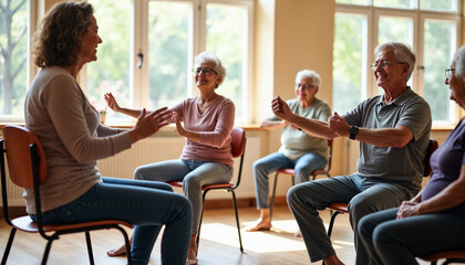 Seniors engage in a lively chair exercise class indoors, promoting health and wellness in a supportive group setting