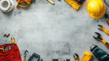 A top-down view of various construction tools including a hard hat and toolbox on a rustic workspace.