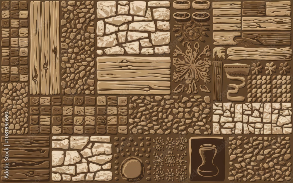 Poster rustic texture collection. brown stone, wood, and tile patterns. ideal for game design or background