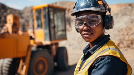 A female construction worker in a hardhat and safety glasses stands in front of a construction vehicle, smiling confidently at the camera.