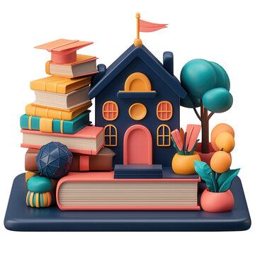 A whimsical illustration of a schoolhouse surrounded by books and plants, symbolizing learning and growth. isolate on white background