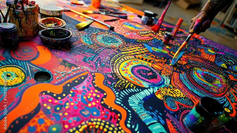 Poster colorful abstract artwork creation with bright paints on large surface featuring swirls and unique p