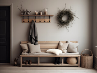 Japandi and wabi sabi style modern hallway decorated for Christmas, wreaths and Christmas tree. Holiday and festive season interior. Plaid accents interior.