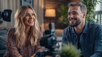 A cheerful young couple, a Caucasian woman and man, smile while filming a video together in a cozy, well-lit living room.
