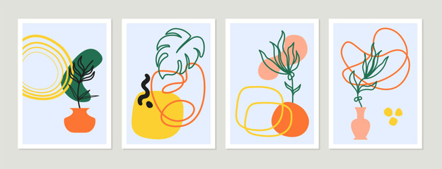 Botanical art vector colorful set. Foliage line art drawing with abstract shape. Abstract Plant Art design for print cover wallpaper Minimal and natural wall art. Vector illustration