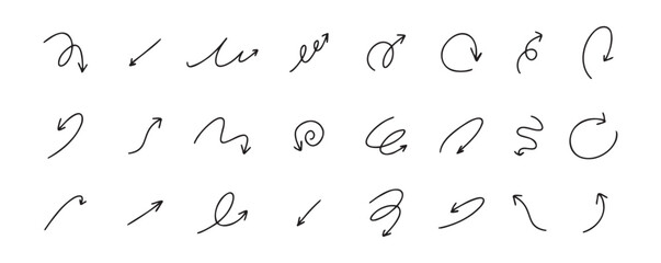 Doodle spiral arrows set. Hand drawn arrows. Design quirky twist line, curve wave arrow. 