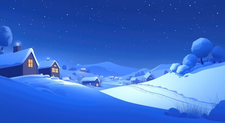 Snowy Winter Village Landscape with Starry Night Sky, Vector Illustration in Blue Tones, Simple Cartoon Style Design