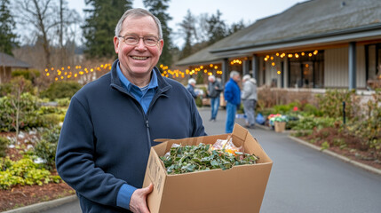 Senior man volunteers at community center, fulfilling New Year's resolution to give back during winter season