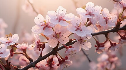 Obraz premium Delicate cherry blossoms in morning dew