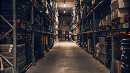 A warehouse with shelves filled with goods in cardboard boxes, demonstrating good organization of space