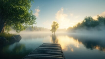 Wooden Dock Extending into a Misty Lake at Dawn