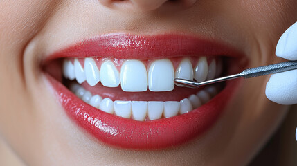 Fototapeta premium Close-up of white teeth after a teeth whitening process, showcasing the results of professional dental care for a brighter smile.