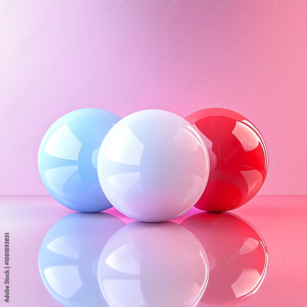 Aufkleber colorful glossy spheres on reflective surface with soft gradient background for minimalist and moder
