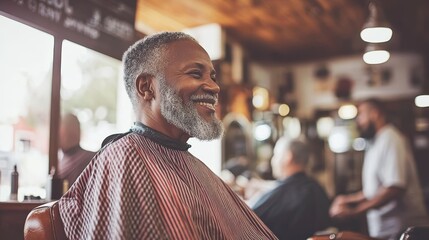Elderly woman enjoys a stylish haircut in a vibrant vintage barbershop with warm community atmosphere