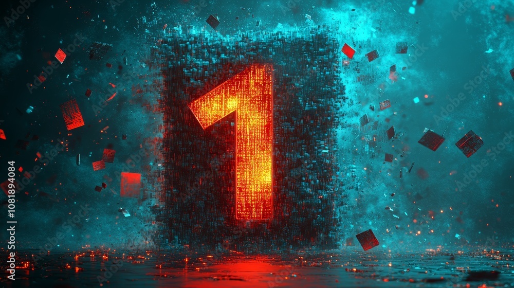 Poster digital number one in a vibrant, abstract environment with glowing particles glowing at a futuristic