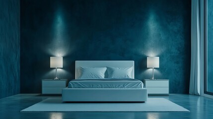 A modern bedroom with dark blue walls a master bed and two nightstands with lamps