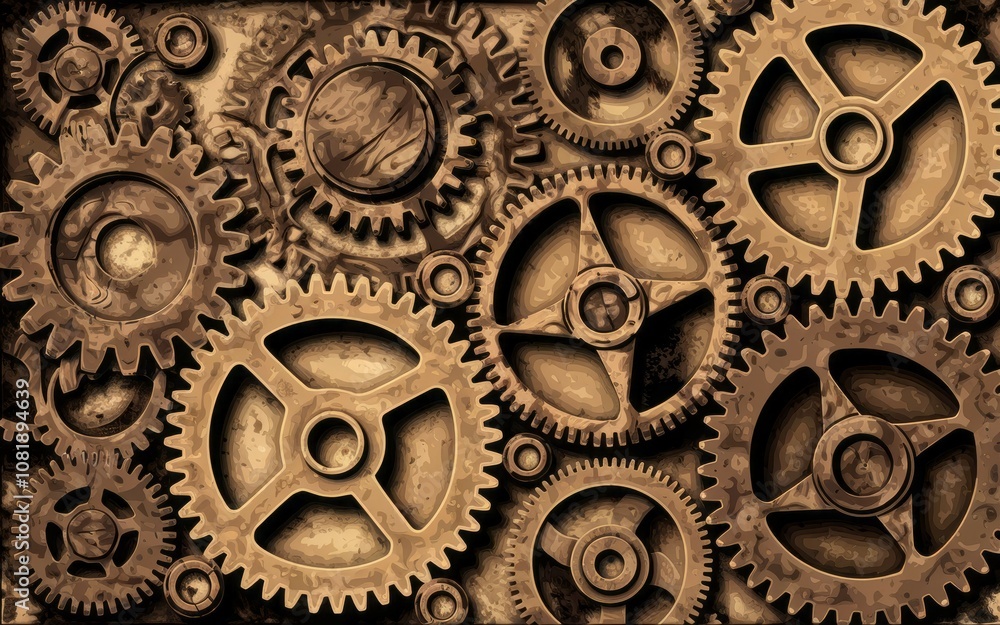 Poster vintage gears mechanism. intricate clockwork gears, symbolizing precision and complex systems. a tim