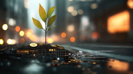 Concept of Financial Growth Represented by a Young Plant Emerging from Soil Surrounded by Coins and Digital Elements Symbolizing Economic Development and Prosperity