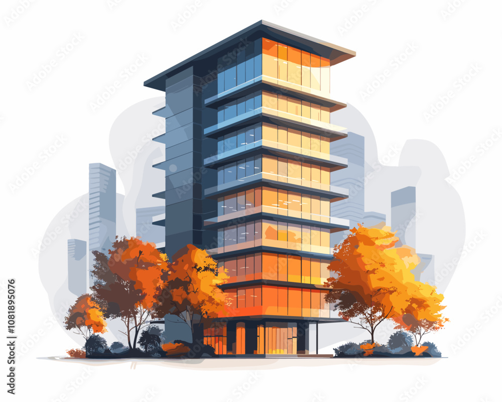 Poster tall building with a lot of windows and a tree in front of it. the building is surrounded by a citys