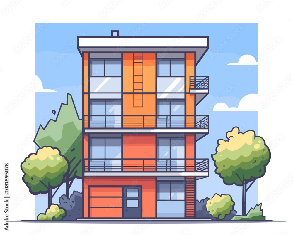 Poster tall building with a green tree in front of it. the building is orange and has many windows