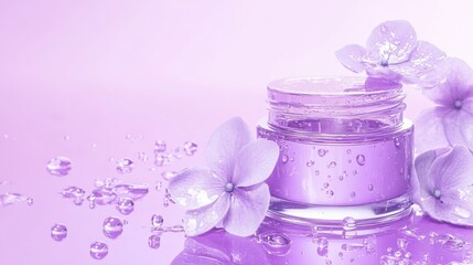 Moisturizer application with dewdrops lavender background product photography soft ambience close-up skincare benefits