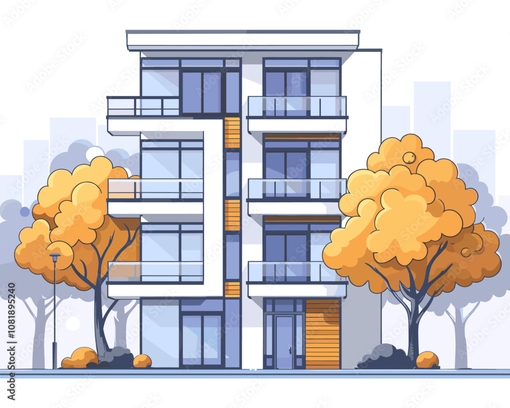 Poster tall building with a lot of windows and a balcony. the building is surrounded by trees and has a mod