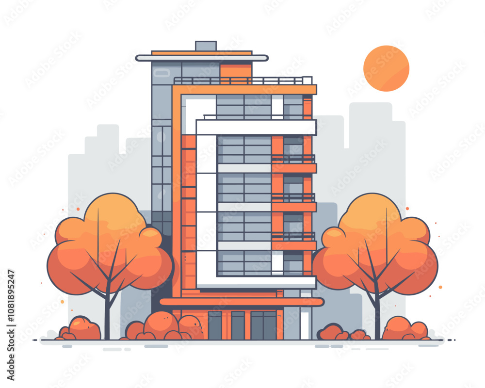 Poster tall building with a large letter c on it. the building is surrounded by trees and a city skyline