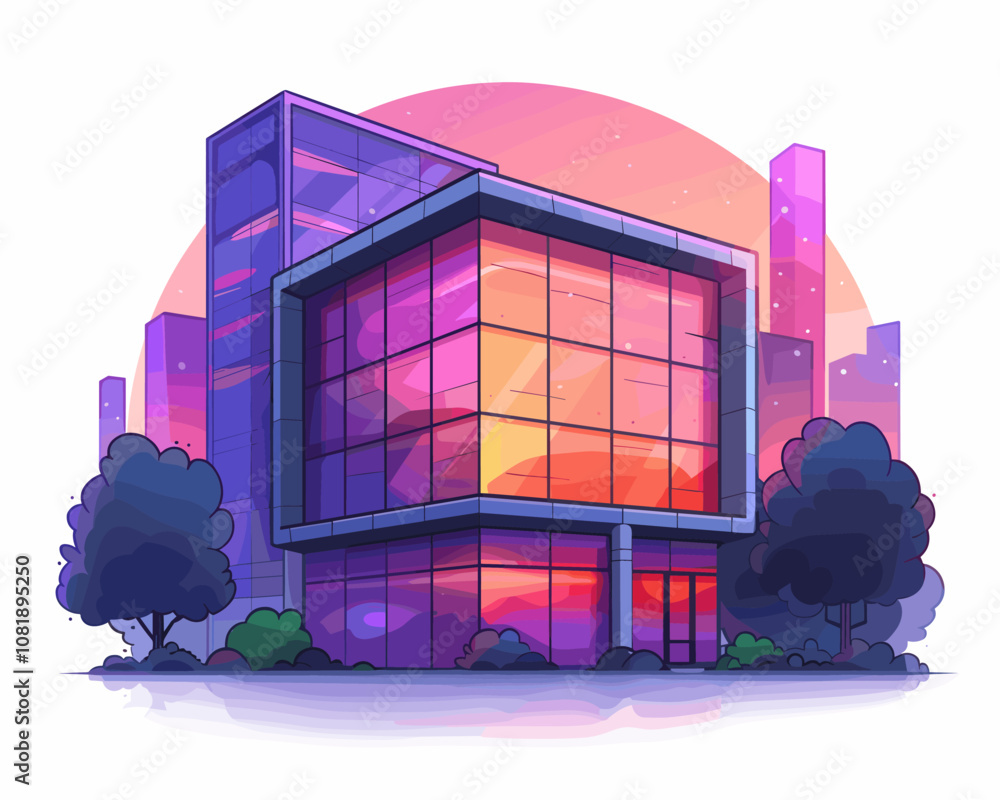 Poster building with a large window and a small window. the building is surrounded by trees and has a city 