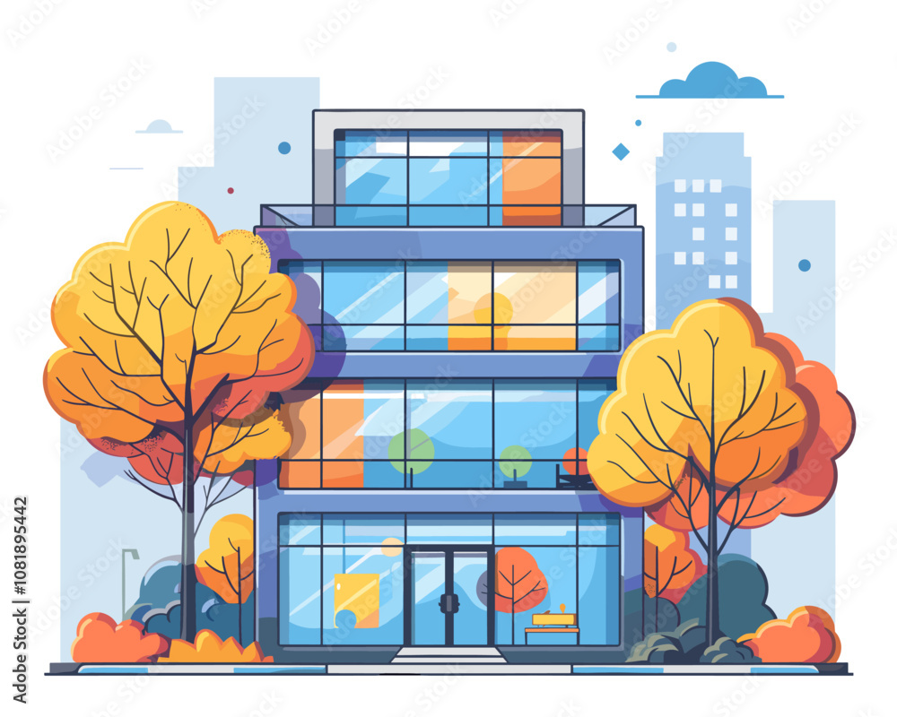 Aufkleber tall building with a lot of windows and a tree in front of it. the building is in a city with a clou