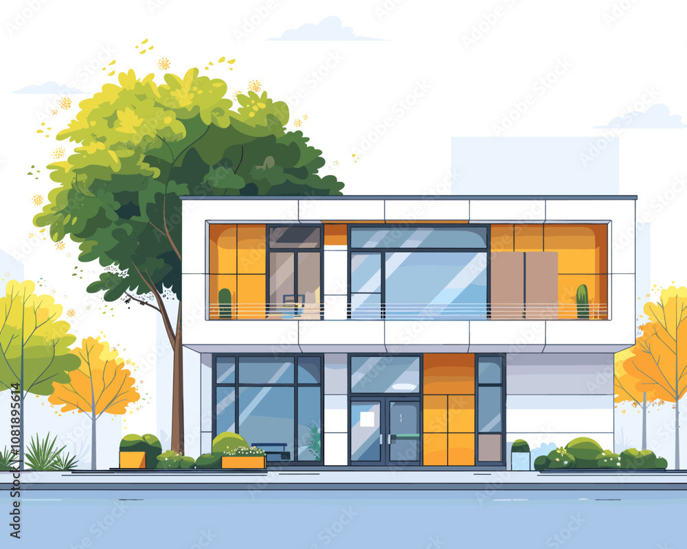 Poster large white building with a yellow trim and a tree in front of it. the building has a lot of windows