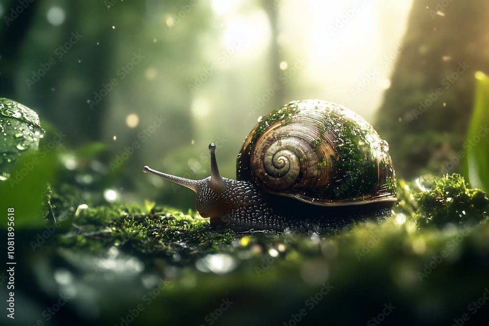Poster a snail crawls on moss in a forest with sunlight filtering through the trees.