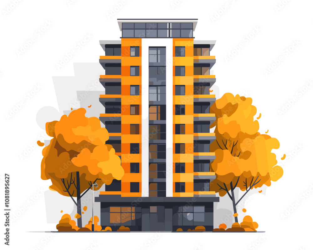 Poster tall building with orange and white colors and a tree in front of it. the building is a residential 