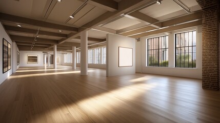 Spacious and Minimalist Gallery Interior with Empty Walls Perfect for Art Exhibitions and Posters Showcasing Artistic Chaos and Creativity in Modern Design