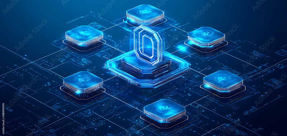 Poster blockchain technology development digital environment graphic design virtual space aerial view trust