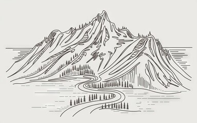 Fototapeta premium Majestic mountain peak. Serene landscape; winding river, tranquil lake, majestic mountain. Symbolizes peace, adventure.
