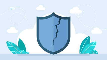 Broken shield icon. Cracked shield emblem. The concept lack of protection, danger, lack of insurance, unreliability, weakness, powerlessness. Security breach. Protection failure. Vector illustration