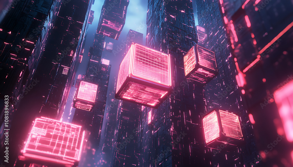 Aufkleber exploring blockchain technology digital cityscape 3d visualization futuristic environment aerial vie