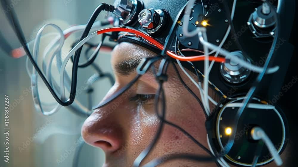 Poster scientist wearing a brain computer interface is analyzing brain activity, representing concepts such