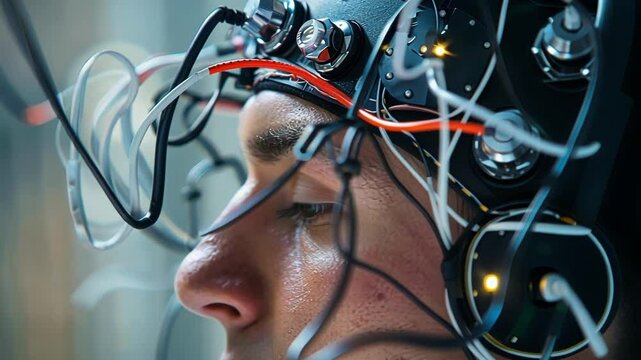 Scientist wearing a brain computer interface is analyzing brain activity, representing concepts such as neurotechnology and neural enhancement