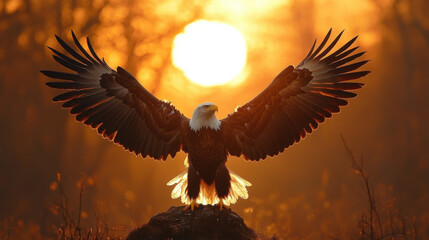 Obraz premium Majestic eagle spreading its wings against stunning sunset backdrop, showcasing beauty of nature and freedom. warm glow of sun enhances scenes emotional impact