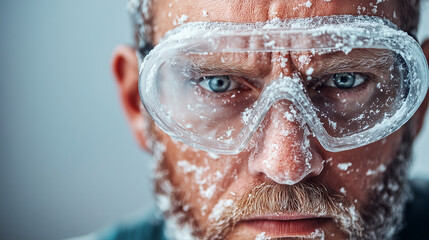 Close-up of a man with a focused expression wearing protective goggles covered in frost during an outdoor winter activity