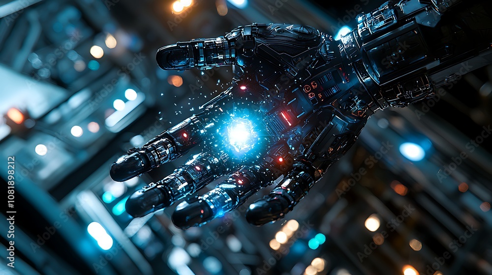 Poster futuristic robotic hand with glowing core in sci-fi environment, showcasing advanced technology and 