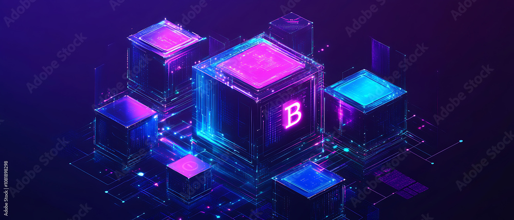 Poster blockchain technology event digital blocks representing trust virtual environment digital art futuri