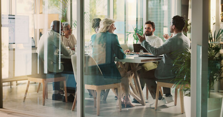 Business, people and meeting presentation in office for project research, teamwork and budget...