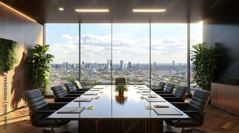 Poster modern boardroom with a large window view of a cityscape