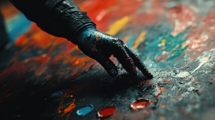 Naklejka premium A Hand Covered in Paint Reaches Towards a Colorful Palette