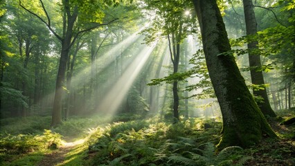 Fototapeta premium Long Exposure of Sunlight Streaming Through a Dense Summer Forest, Illuminating Lush Greenery and Creating a Magical Atmosphere in Nature's Embrace