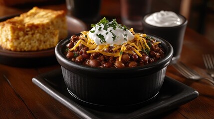 Delicious and Hearty Chili Dish Served in a Black Bowl with Toppings of Cheese, Sour Cream, and Fresh Herbs Accompanied by Cornbread on a Rustic Wooden Table