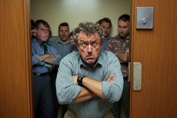 Workplace violence. A tense moment in a cramped elevator, featuring a frustrated man at the front, surrounded by several other men with varying expressions.